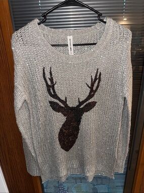Bethany Mota Silver Crewneck Sweater with Brown Sparkle Deer